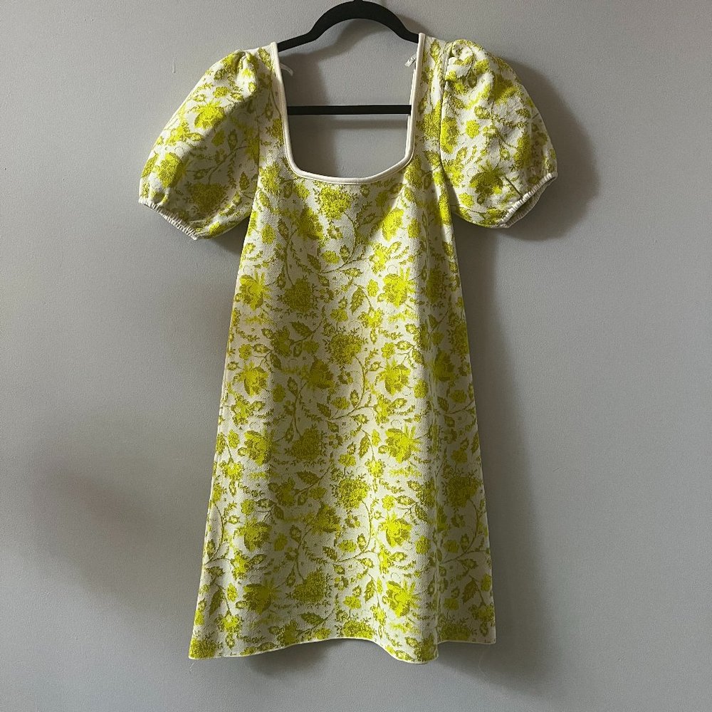 Zara Size Small Chartreuse Floral Knit Puff Sleeve Square Neck Mini Dress